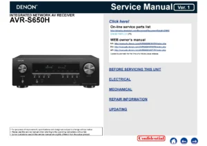 Denon avr s650h service manual cover with photo of the receiver, model type and code, manual contents.