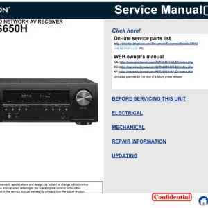 Denon avr s650h service manual cover with photo of the receiver, model type and code, manual contents.