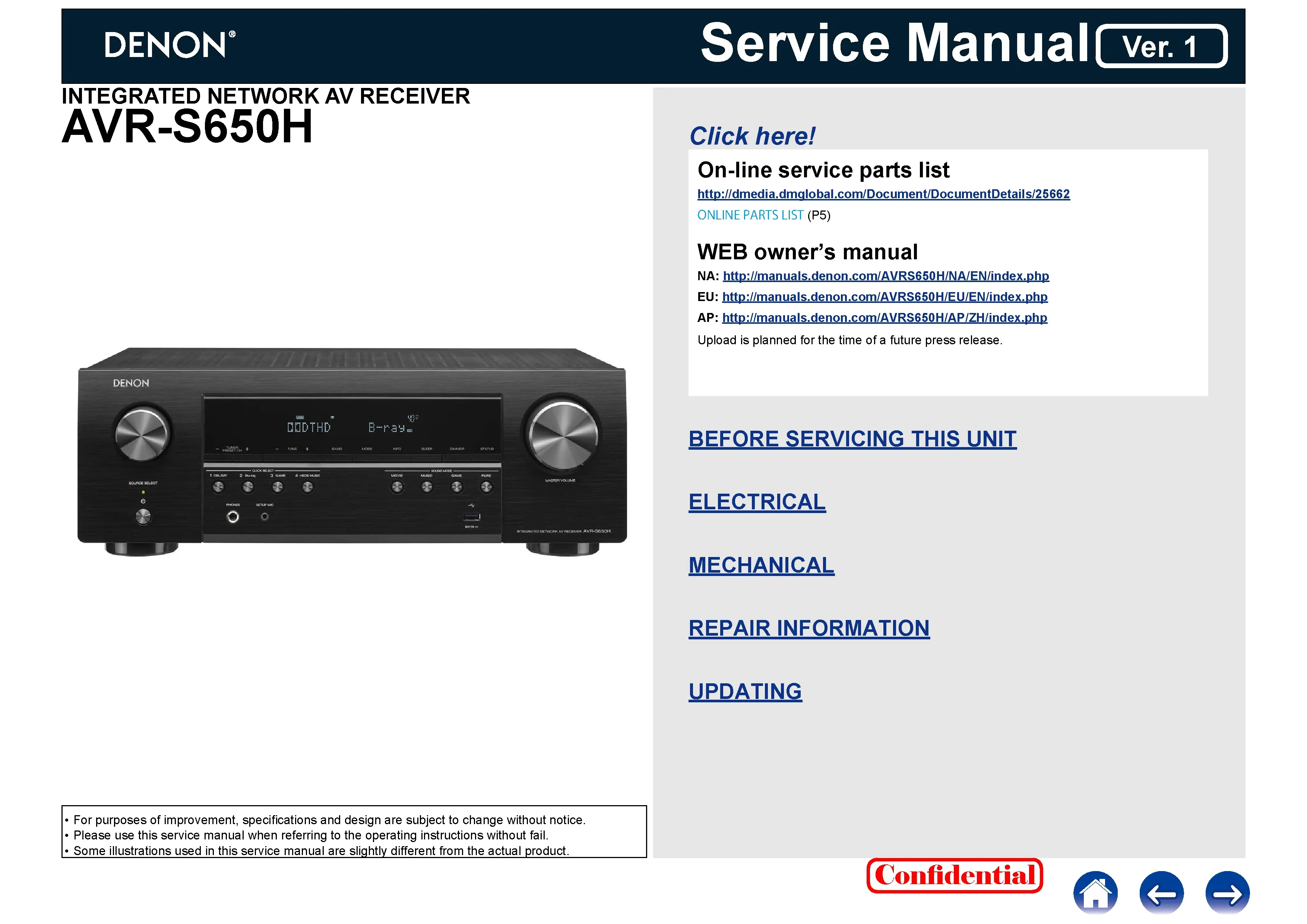 Denon avr s650h service manual cover with photo of the receiver, model type and code, manual contents.