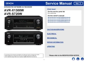 Denon avr s720w x3100w service manual cover with photo of the receiver, model type and code, manual contents.