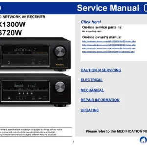 Denon avr s720w x3100w service manual cover with photo of the receiver, model type and code, manual contents.