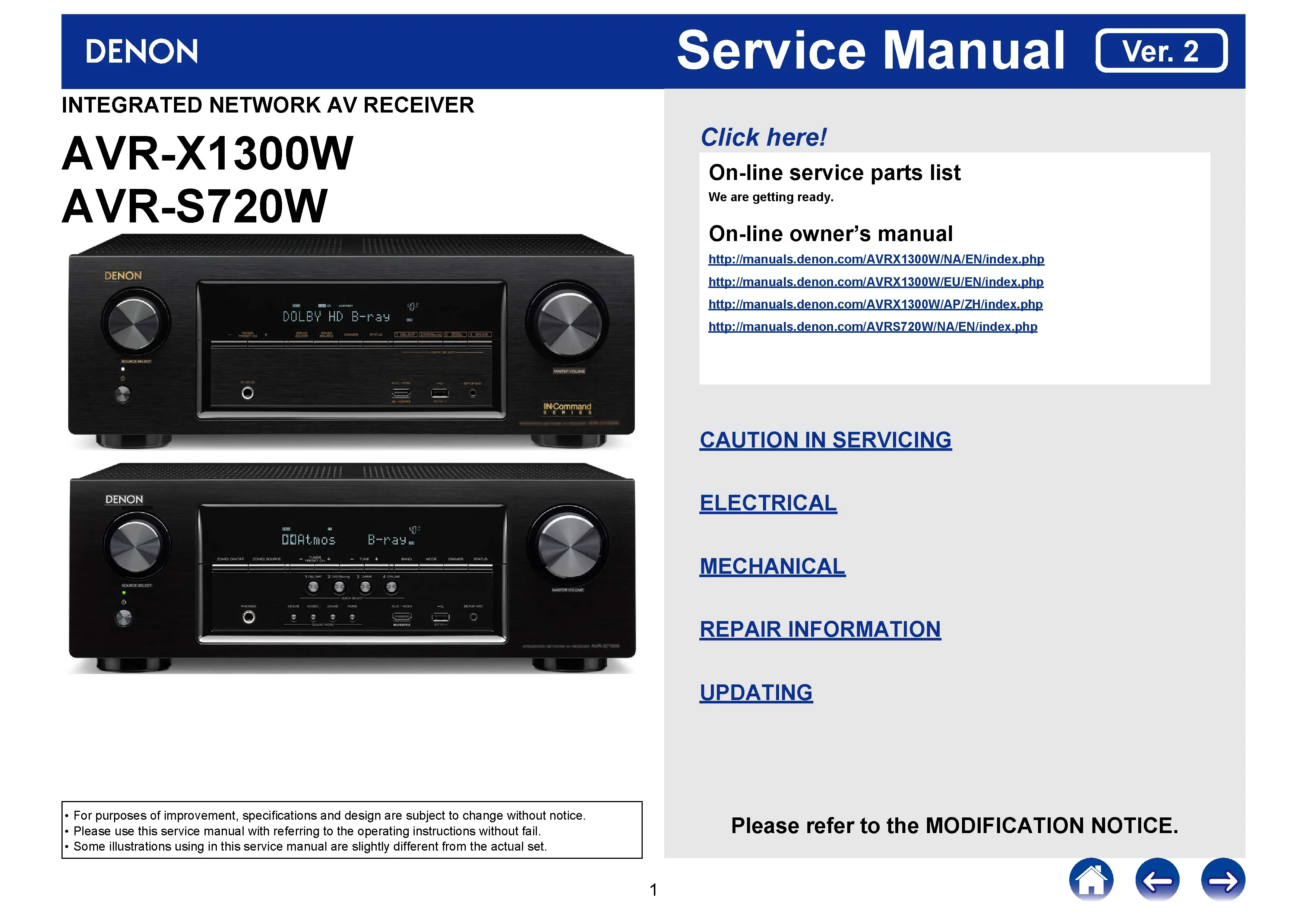 Denon avr s720w x3100w service manual cover with photo of the receiver, model type and code, manual contents.