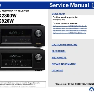 Denon avr s920w x2300w service manual cover with photo of the receiver, model type and code, manual contents.