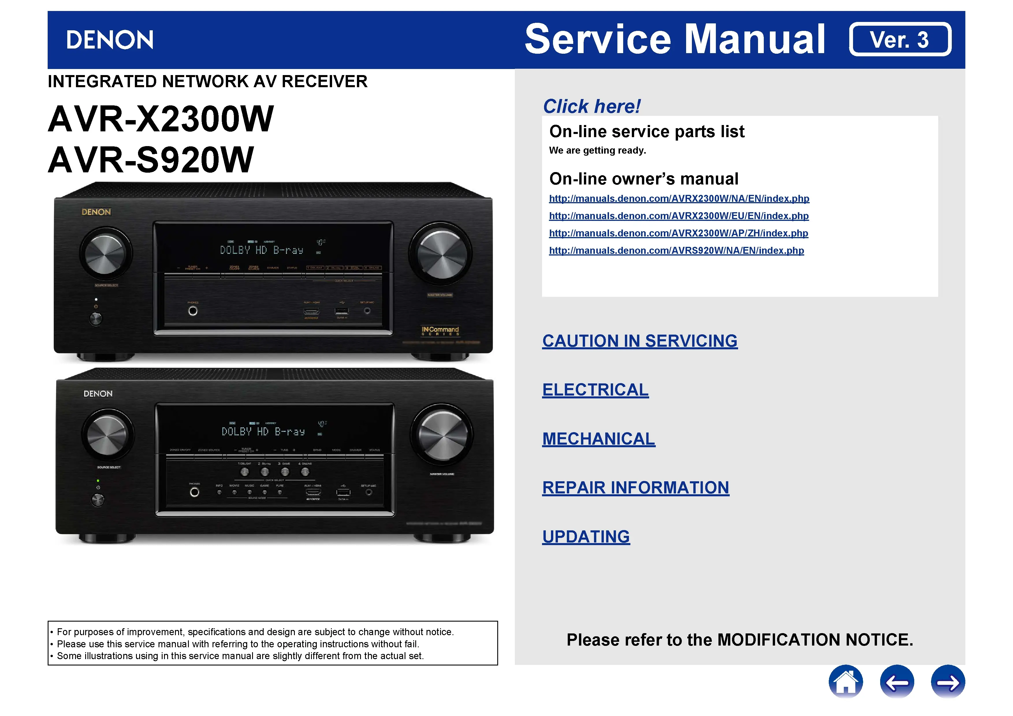 Denon avr s920w x2300w service manual cover with photo of the receiver, model type and code, manual contents.
