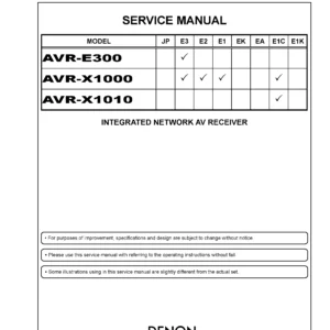 Denon avr x1000 x1010 e300 service manual cover with photo of the receiver, model type and code, manual contents.