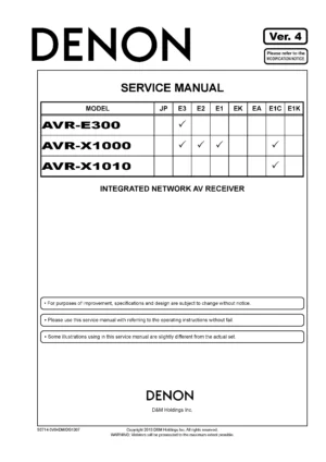Denon avr x1000 x1010 e300 service manual cover with photo of the receiver, model type and code, manual contents.