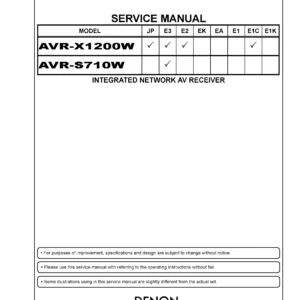 Denon avr x1200w s710w service manual cover with photo of the receiver, model type and code, manual contents.