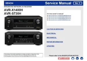 Denon avr x1400h s730h service manual cover with photo of the receiver, model type and code, manual contents.