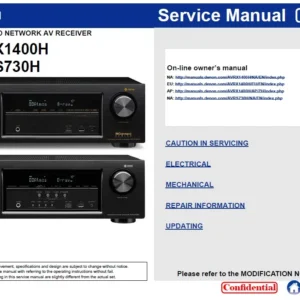 Denon avr x1400h s730h service manual cover with photo of the receiver, model type and code, manual contents.