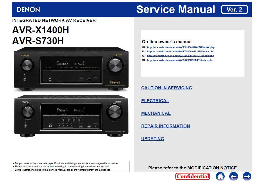Denon avr x1400h s730h service manual cover with photo of the receiver, model type and code, manual contents.
