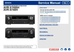 Denon avr x1500h service manual cover with photo of the receiver, model type and code, manual contents.