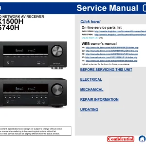 Denon avr x1500h service manual cover with photo of the receiver, model type and code, manual contents.