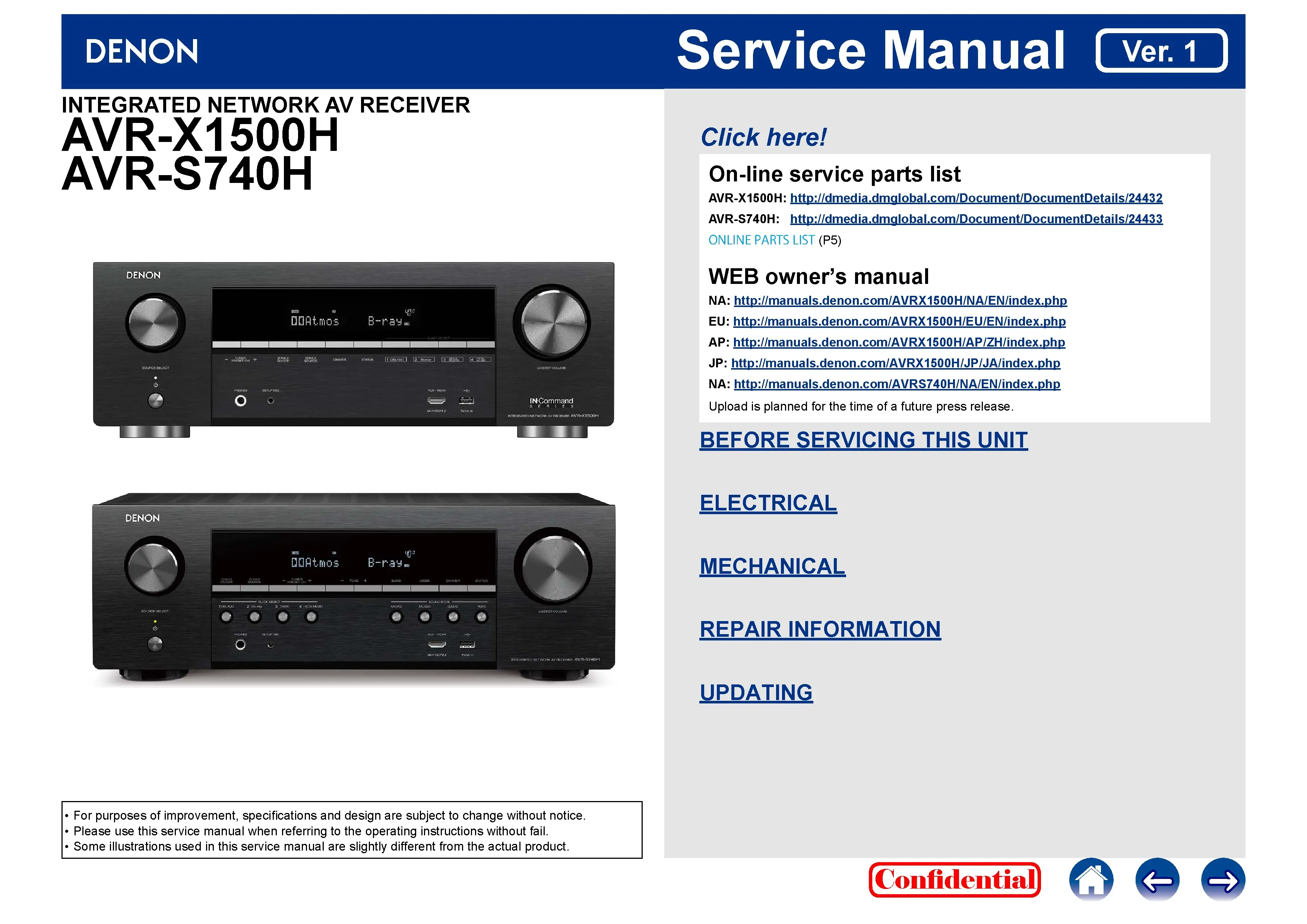 Denon avr x1500h service manual cover with photo of the receiver, model type and code, manual contents.