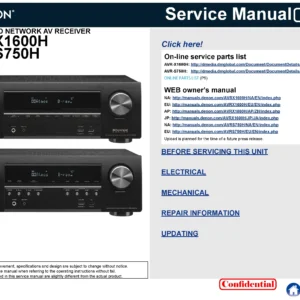 Denon avr x1600h s750h service manual cover with photo of the receiver, model type and code, manual contents.
