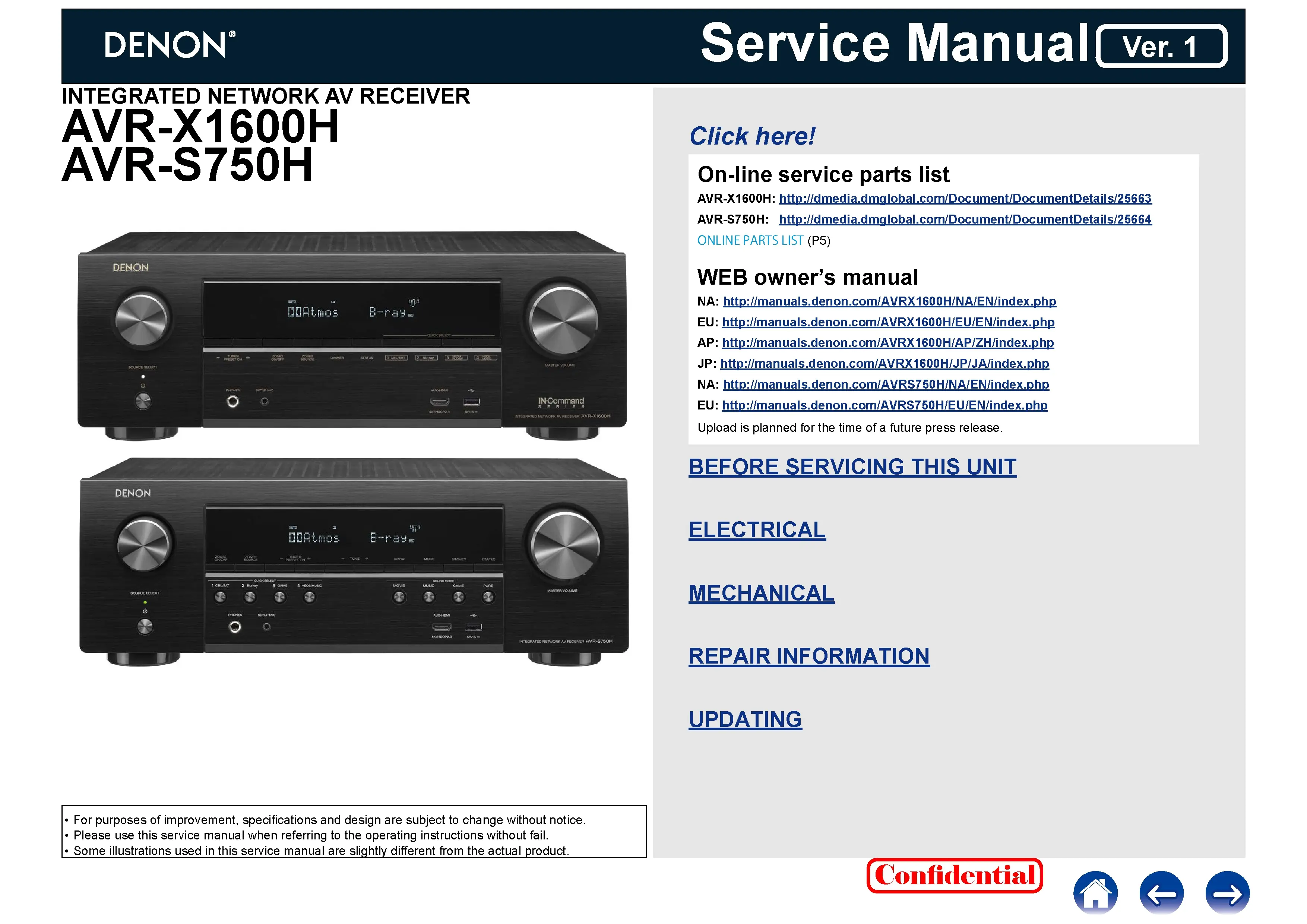 Denon avr x1600h s750h service manual cover with photo of the receiver, model type and code, manual contents.
