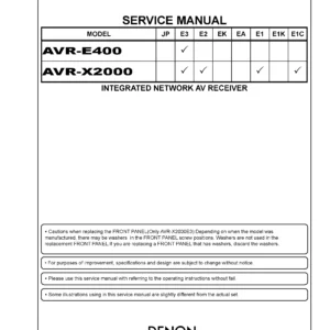 Denon avr x2000 e400 service manual cover with photo of the receiver, model type and code, manual contents.