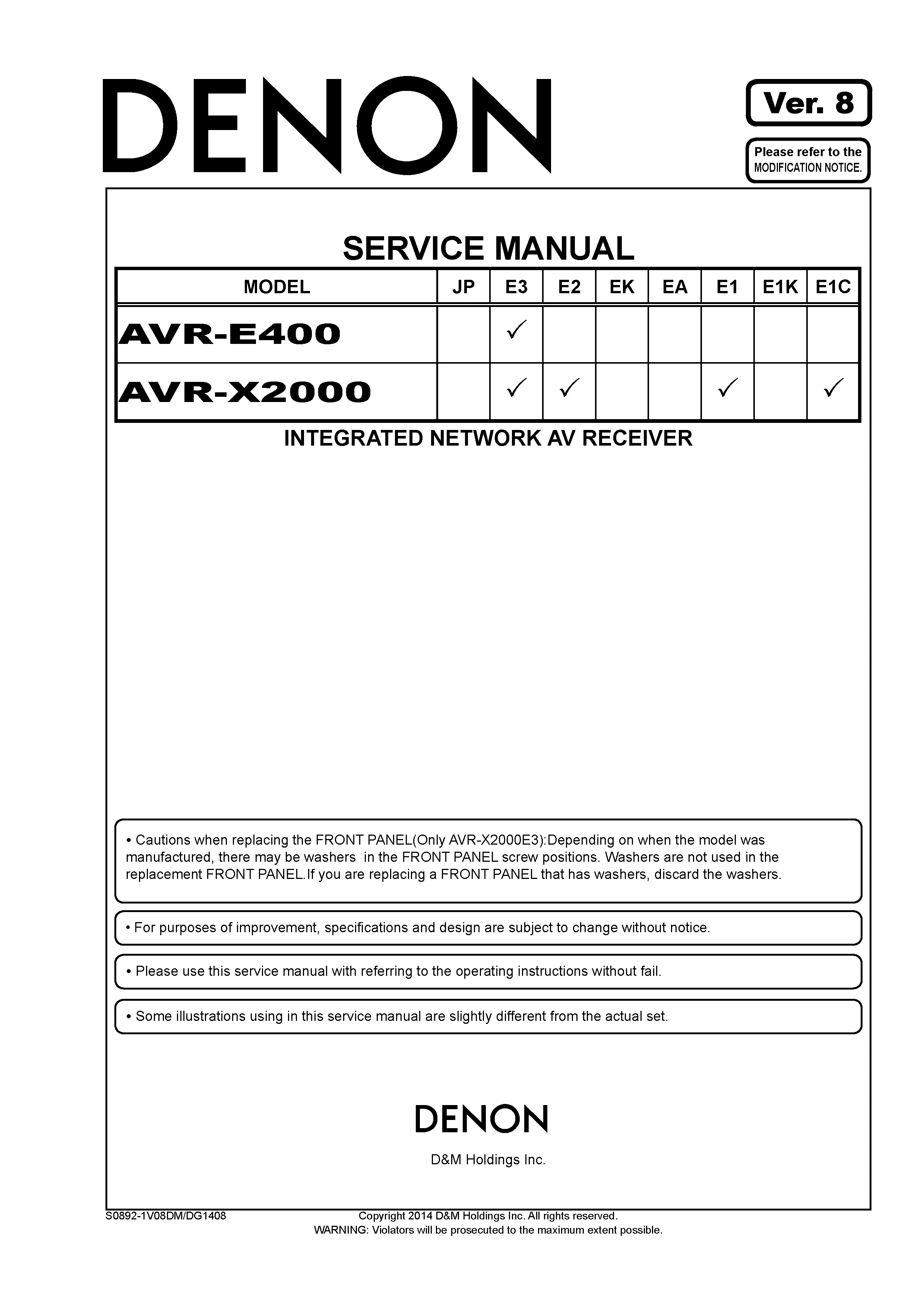 Denon avr x2000 e400 service manual cover with photo of the receiver, model type and code, manual contents.