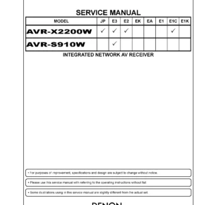 Denon avr x2200w s910w service manual cover with photo of the receiver, model type and code, manual contents.