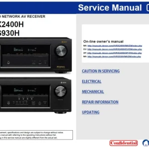 Denon avr x2400h s930h service manual cover with photo of the receiver, model type and code, manual contents.