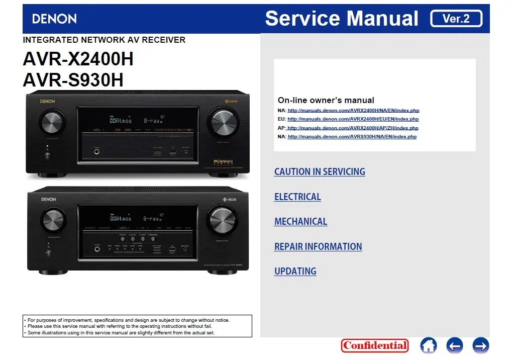 Denon avr x2400h s930h service manual cover with photo of the receiver, model type and code, manual contents.