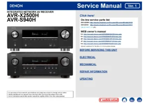 Denon avr x2500h s940h service manual cover with photo of the receiver, model type and code, manual contents.