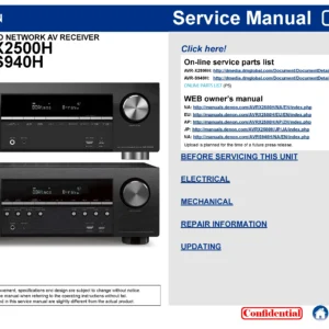 Denon avr x2500h s940h service manual cover with photo of the receiver, model type and code, manual contents.