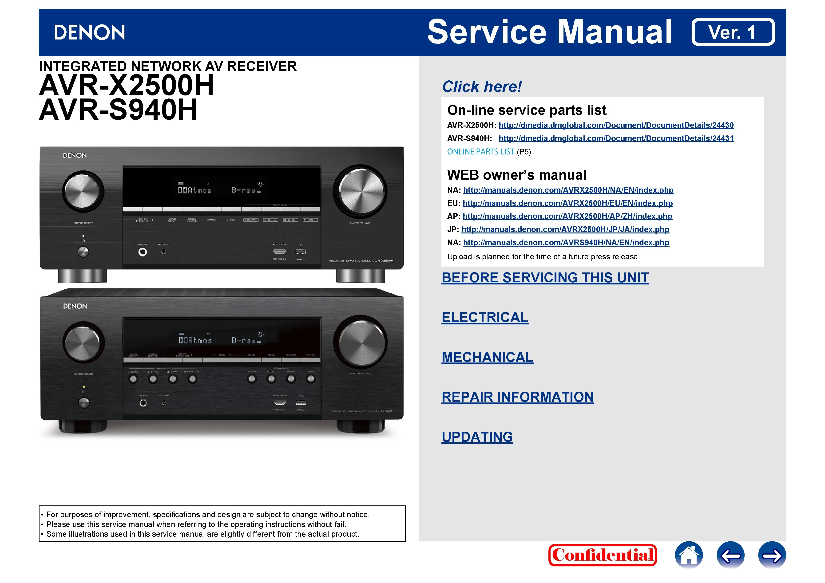 Denon avr x2500h s940h service manual cover with photo of the receiver, model type and code, manual contents.