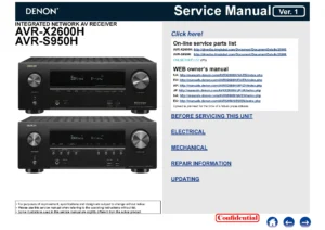 Denon avr x2600h s950h service manual cover with photo of the receiver, model type and code, manual contents.