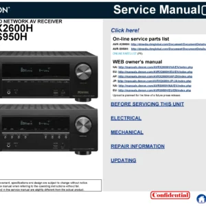 Denon avr x2600h s950h service manual cover with photo of the receiver, model type and code, manual contents.
