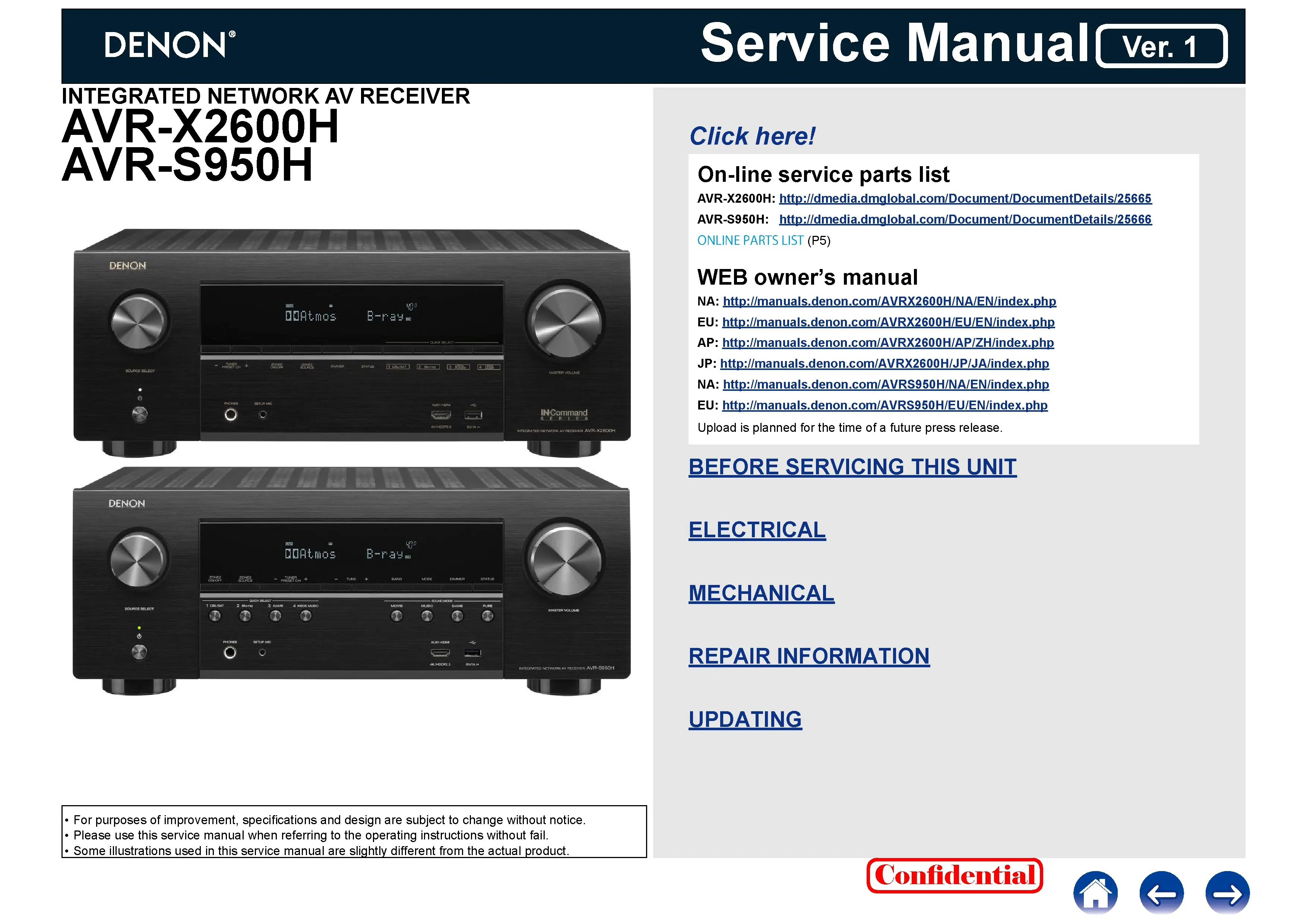 Denon avr x2600h s950h service manual cover with photo of the receiver, model type and code, manual contents.