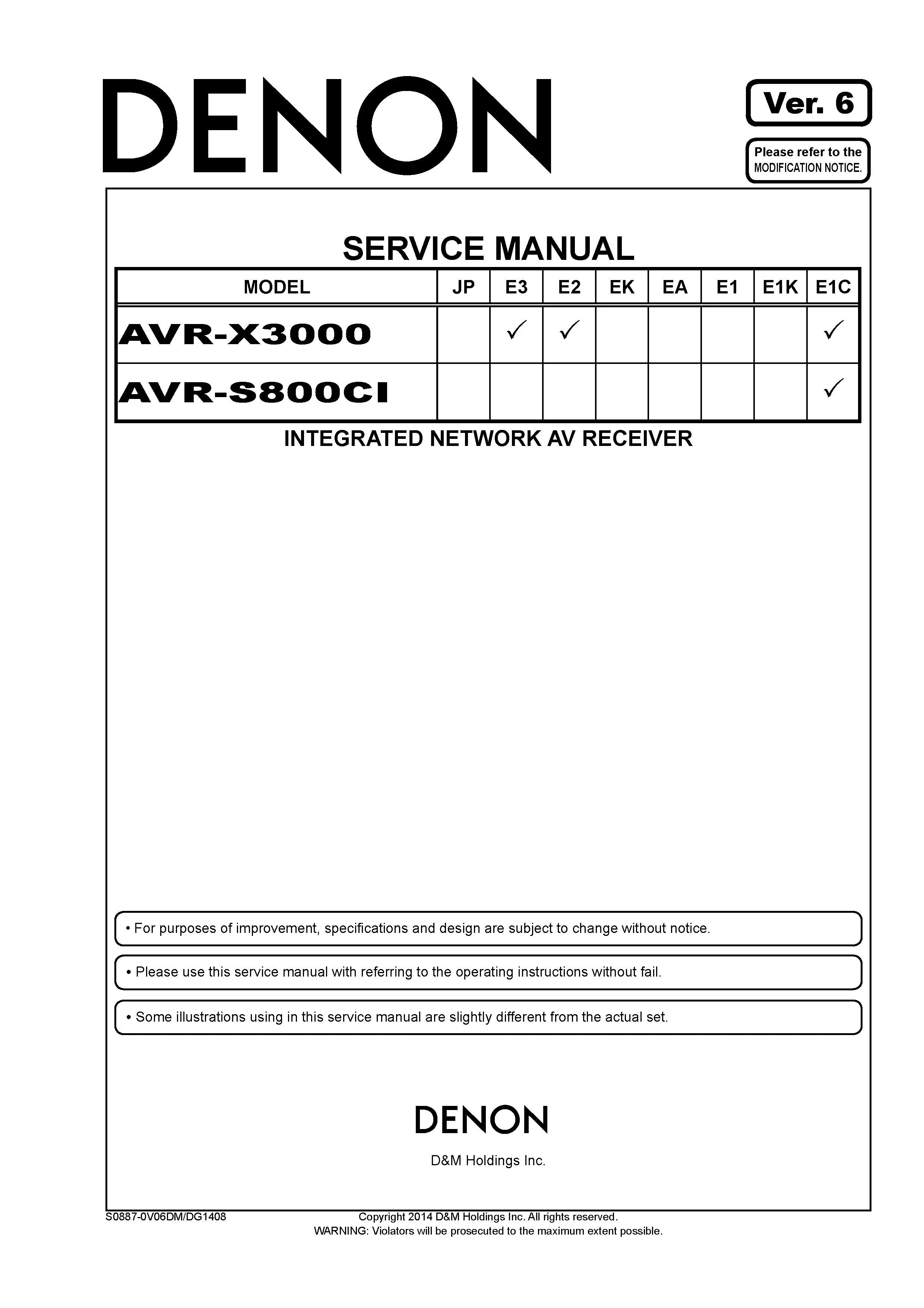 Denon avr x3000 s800ci service manual cover with photo of the receiver, model type and code, manual contents.
