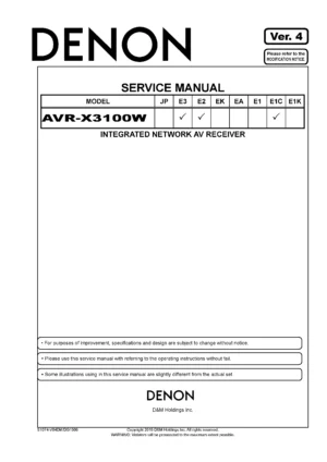 Denon avr x3100w service manual cover with photo of the receiver, model type and code, manual contents.