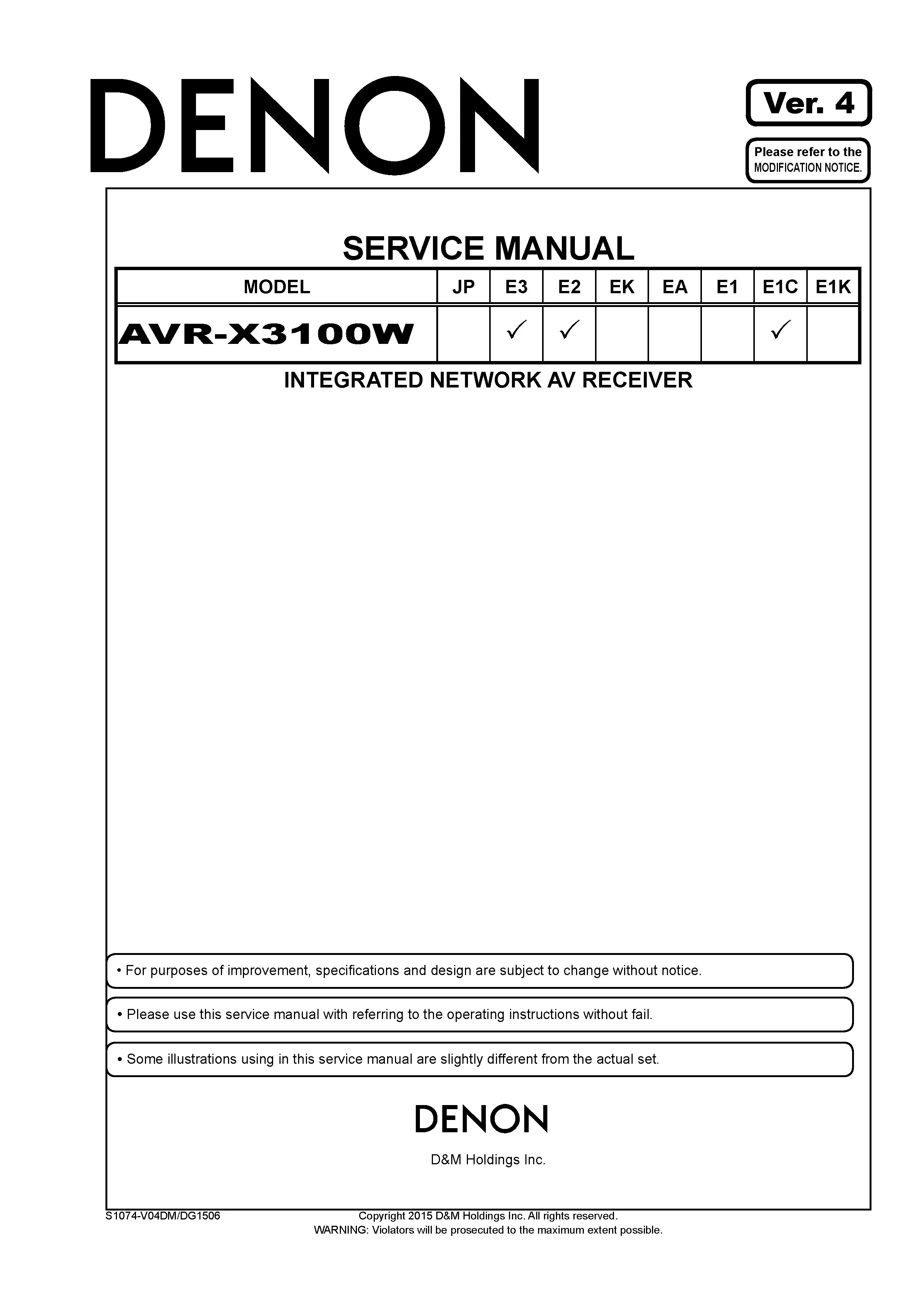 Denon avr x3100w service manual cover with photo of the receiver, model type and code, manual contents.