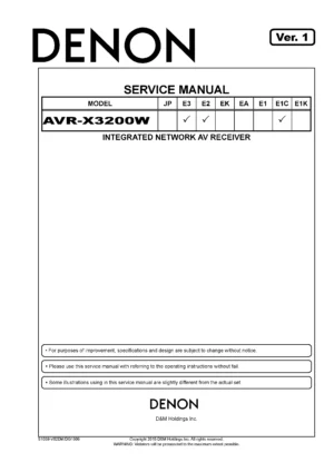 Denon avr x3200w service manual cover with photo of the receiver, model type and code, manual contents.