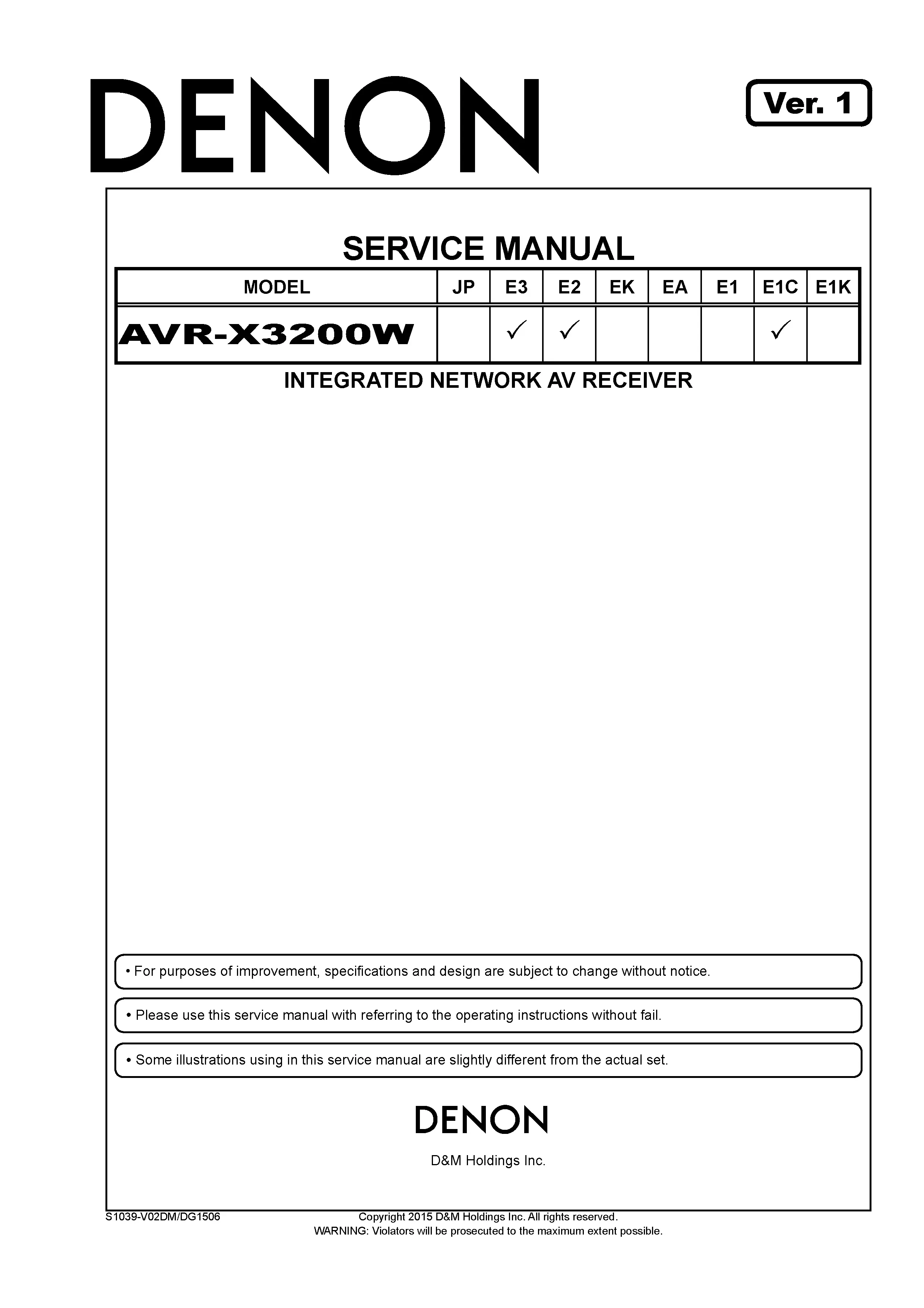 Denon avr x3200w service manual cover with photo of the receiver, model type and code, manual contents.