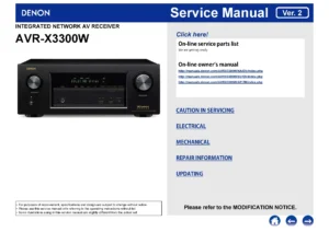 Denon avr x3300w service manual cover with photo of the receiver, model type and code, manual contents.