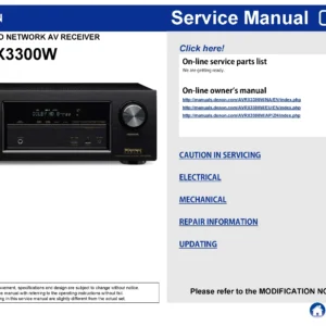 Denon avr x3300w service manual cover with photo of the receiver, model type and code, manual contents.