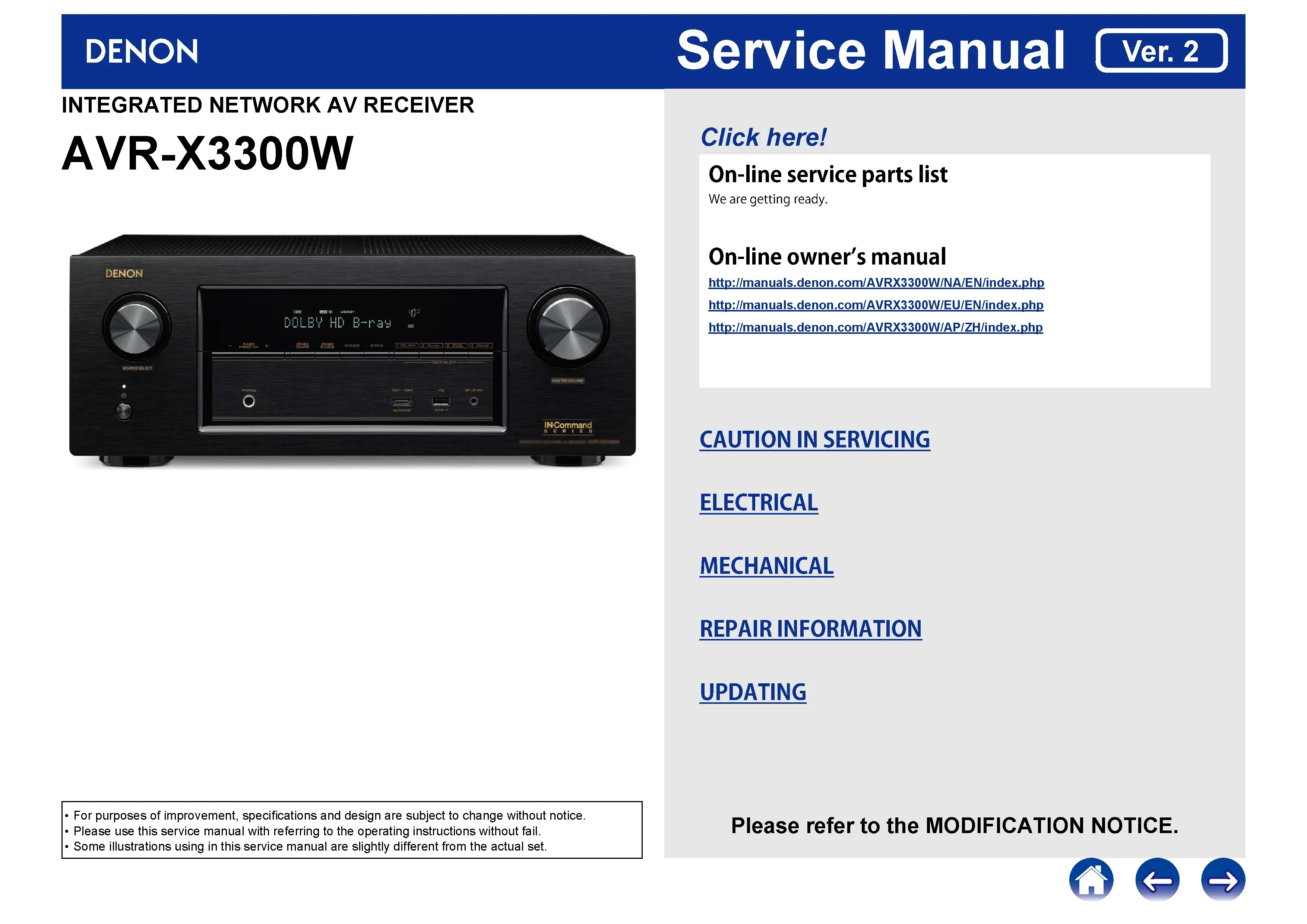 Denon avr x3300w service manual cover with photo of the receiver, model type and code, manual contents.