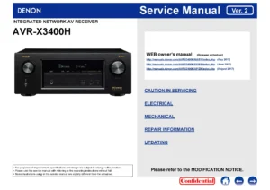 Denon avr x3400h service manual cover with photo of the receiver, model type and code, manual contents.