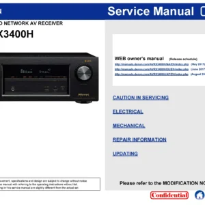 Denon avr x3400h service manual cover with photo of the receiver, model type and code, manual contents.