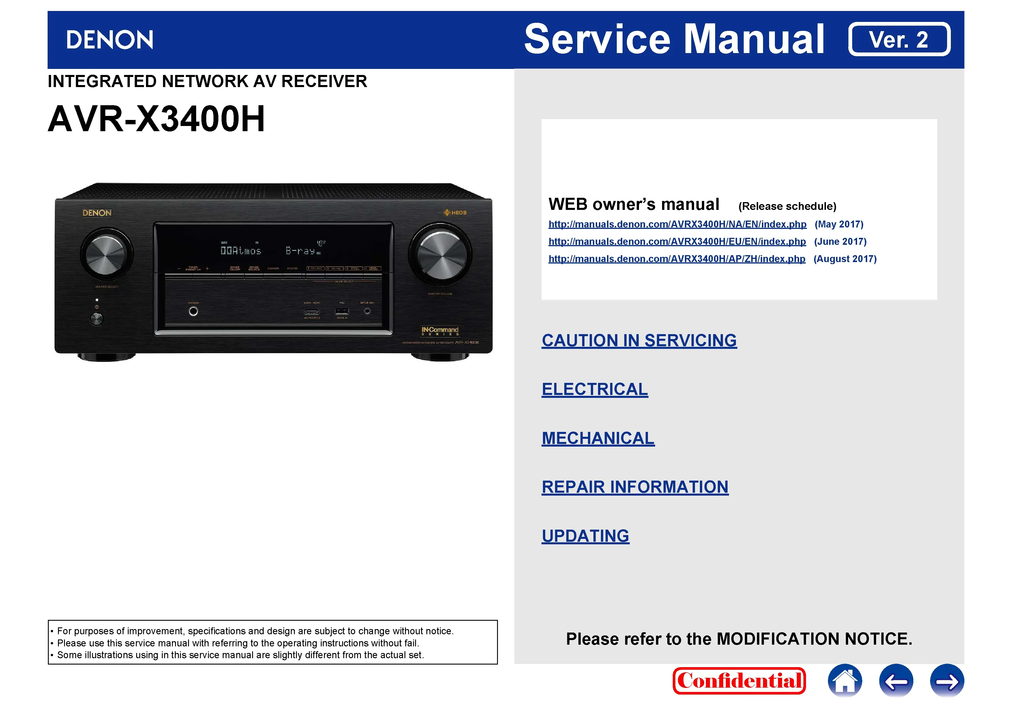 Denon avr x3400h service manual cover with photo of the receiver, model type and code, manual contents.