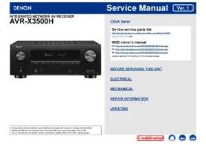 Denon avr x3500h service manual cover with photo of the receiver, model type and code, manual contents.