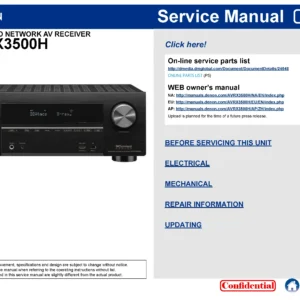 Denon avr x3500h service manual cover with photo of the receiver, model type and code, manual contents.