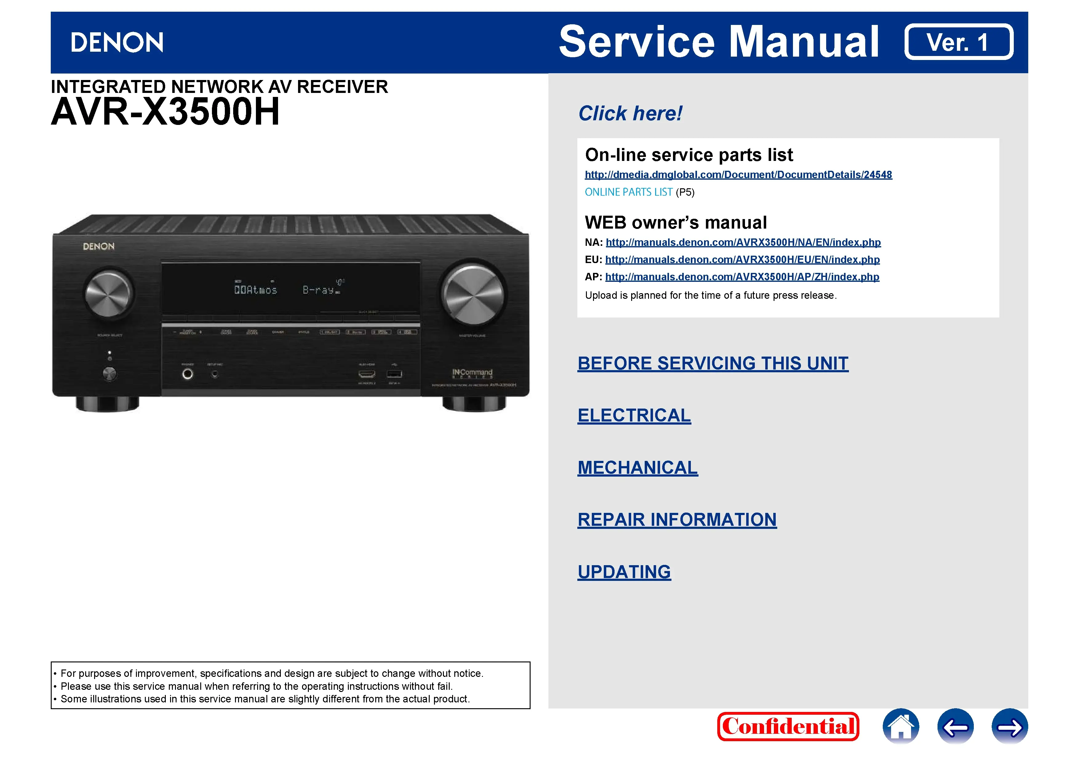 Denon avr x3500h service manual cover with photo of the receiver, model type and code, manual contents.