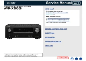 Denon avr x3600h service manual cover with photo of the receiver, model type and code, manual contents.