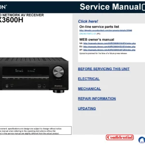 Denon avr x3600h service manual cover with photo of the receiver, model type and code, manual contents.