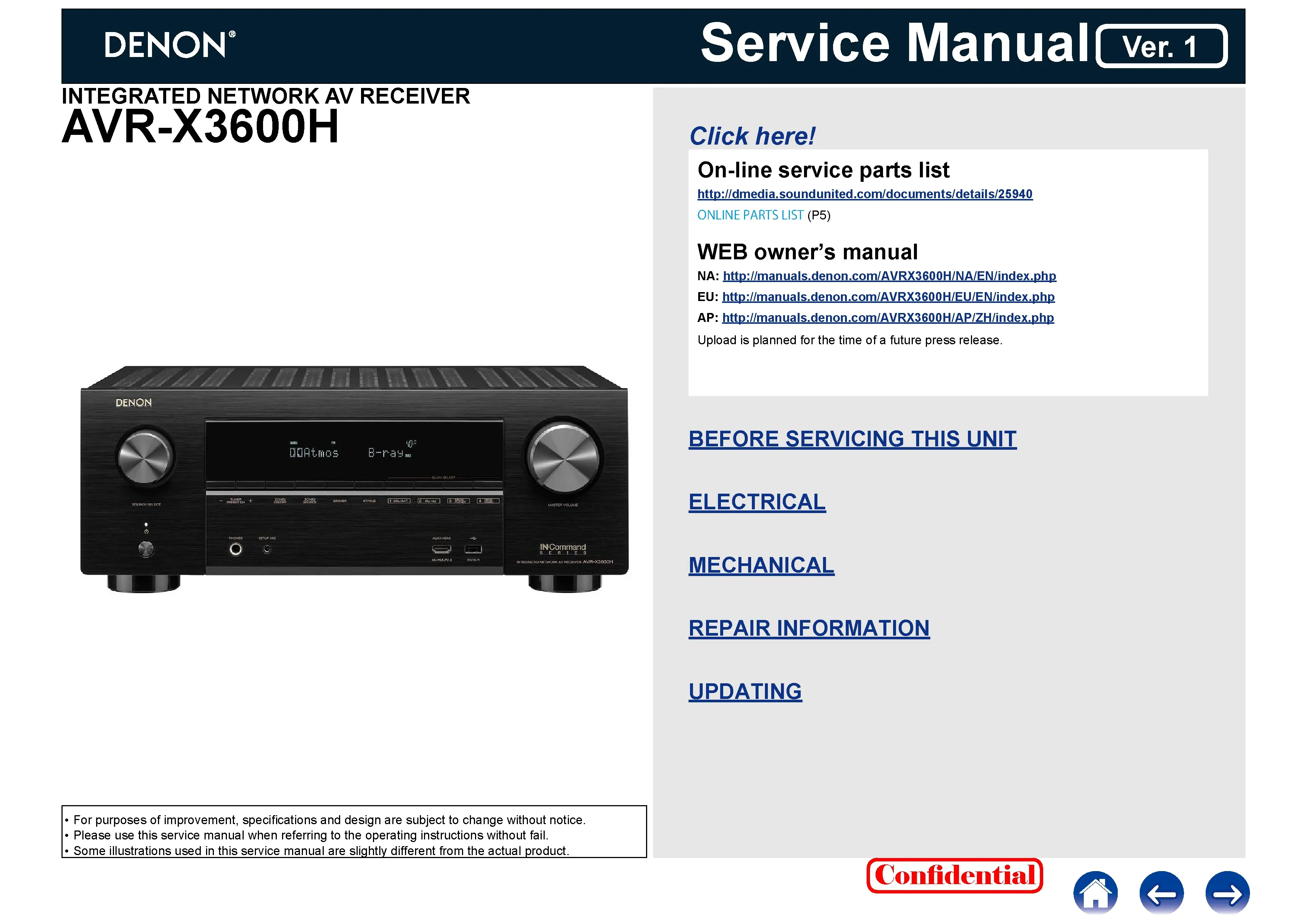 Denon avr x3600h service manual cover with photo of the receiver, model type and code, manual contents.