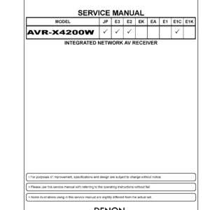 Denon avr x4200w service manual cover with photo of the receiver, model type and code, manual contents.