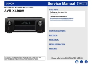 Denon avr x4300h service manual cover with photo of the receiver, model type and code, manual contents.
