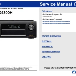 Denon avr x4300h service manual cover with photo of the receiver, model type and code, manual contents.